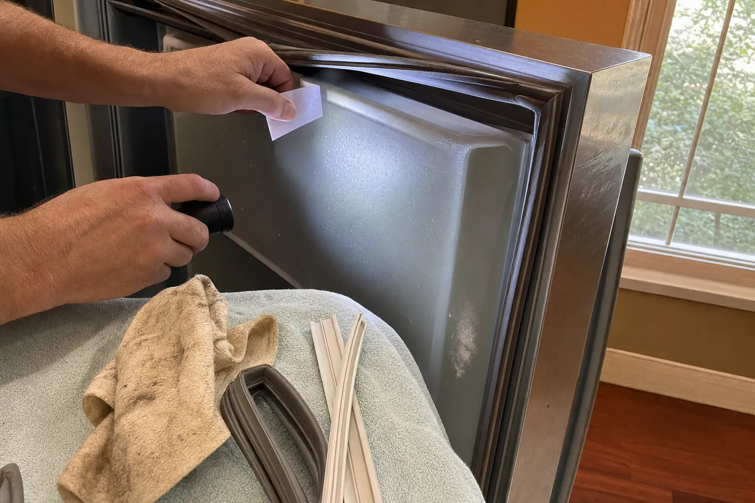 Hand holding a slip of paper at the gasket of an open stainless door while the other hand aims a flashlight, an old gasket and a rag on a towel. Numbered marks: 1, paper slip at the seal; 2, flashlight; 3, old gasket.