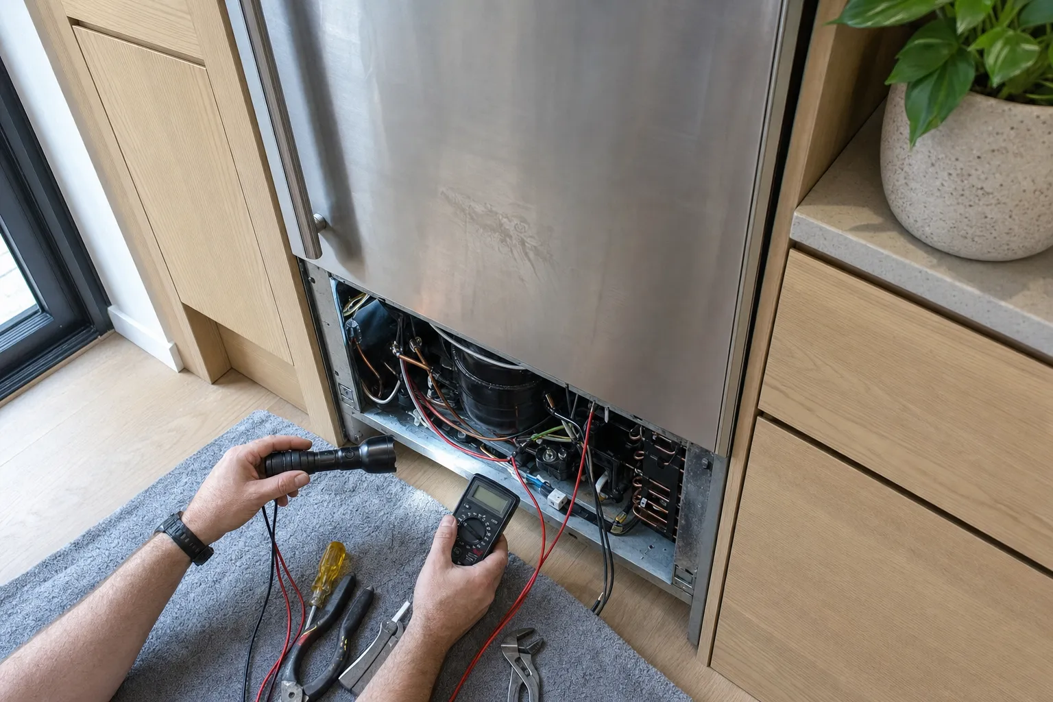 Stainless built-in between light oak cabinets with its lower panel off, compressor and wiring exposed, hands holding a flashlight and a multimeter over pliers on a grey mat. Numbered marks: 1, compressor; 2, kickplate opening.